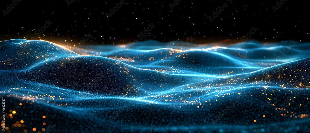 Poster abstract digital waves with glowing particles against a dark background, creating a mesmerizing visu