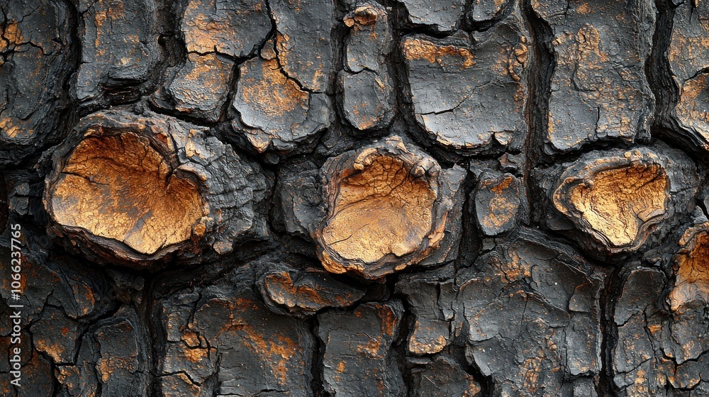 Poster close-up of tree bark with deep cracks and orange patches