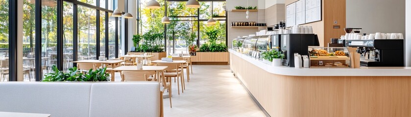 Fototapeta premium Modern cafe interior with wooden counter and seating.