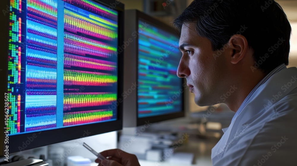 Poster Scientist Analyzing Data on Computer Screen
