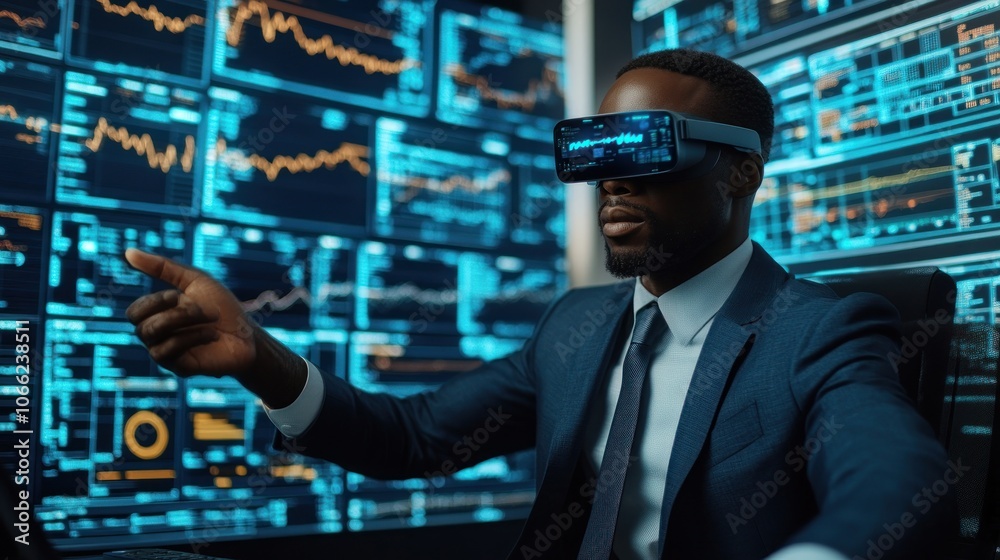 Poster businessman wearing virtual reality headset analyzing data on monitors