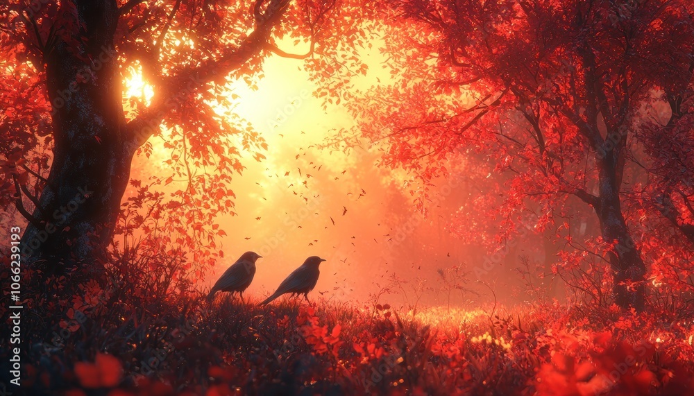 Poster two birds standing in a red autumn forest with a sunburst in the background