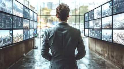 Businessman in control room, observing multiple digital screens displaying data and cityscapes, showcasing advanced technology and analytics