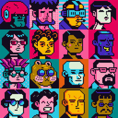 Pixel art people character set, man, woman, girl, guy, avatar, social net portrait, profile picture. Design of 80s. Game assets. 8-bit. Isolated vector illustration background.