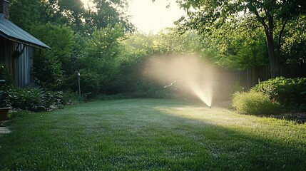 Obraz premium A sprinkler sprays water onto a lush green lawn in a backyard garden during sunrise, creating a misty, sunlit effect. The yard is surrounded by trees and bushes, with a small shed in the background.