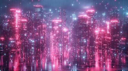 Obraz premium A futuristic cityscape with neon lights and a reflective surface.