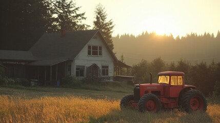 Obraz premium Tractor Beside Farmhouse at Sunset
