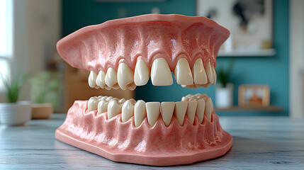 Detailed model of human teeth and jaw on a table, showcasing dental anatomy and healthcare.