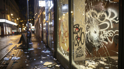  City street at night with broken windows and graffiti on walls, symbolizing urban violence and the impact of social issues on community environments. 