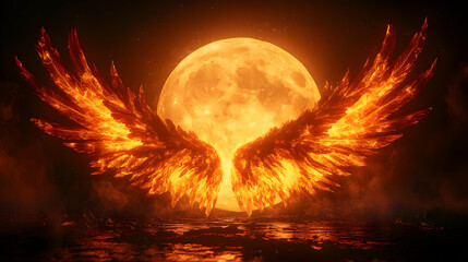 Majestic fiery wings spread wide against a glowing moonlit background.