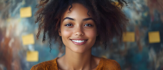 Cheerful woman smiling brightly against a colorful background, showcasing joy and confidence.