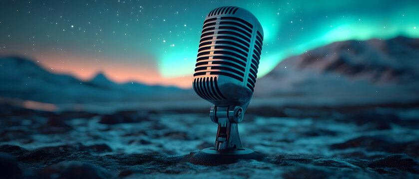 Vintage microphone against a breathtaking aurora borealis backdrop, capturing the essence of music and nature.