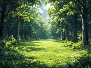 Fototapeta premium Sunlit Forest Path with Lush Green Foliage and White Flowers