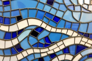 Blue Stained Glass Mosaic with Wave Pattern.generative AI
