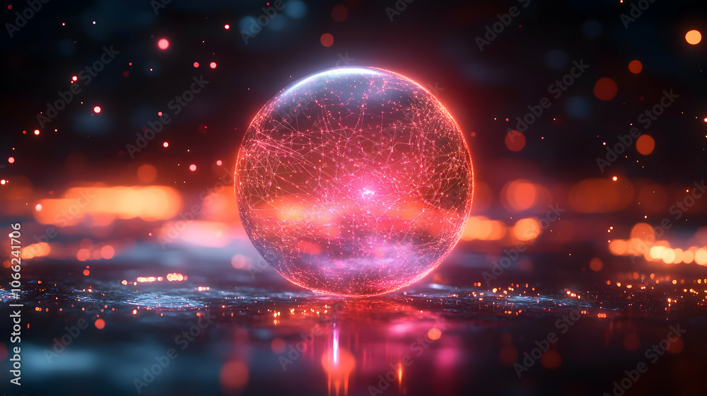 Poster a glowing spherical object surrounded by colorful lights and particles, creating a mesmerizing futur