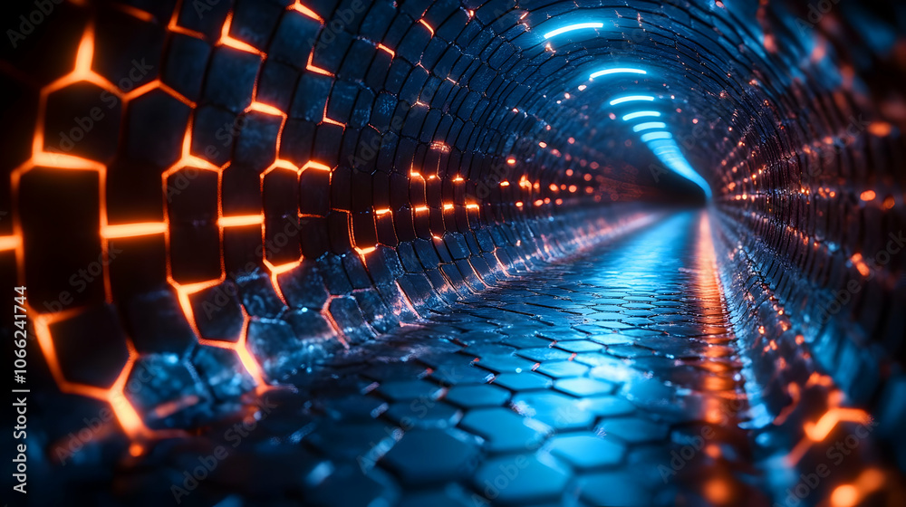 Poster futuristic tunnel with neon lights and hexagonal patterns glowing in a mesmerizing view.
