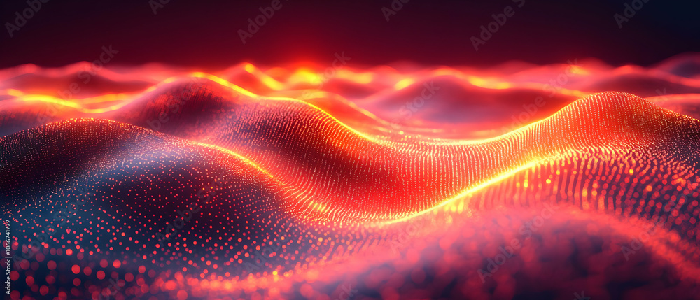 Wall mural abstract wave pattern with glowing red and blue lights on a dark background, creating a digital land