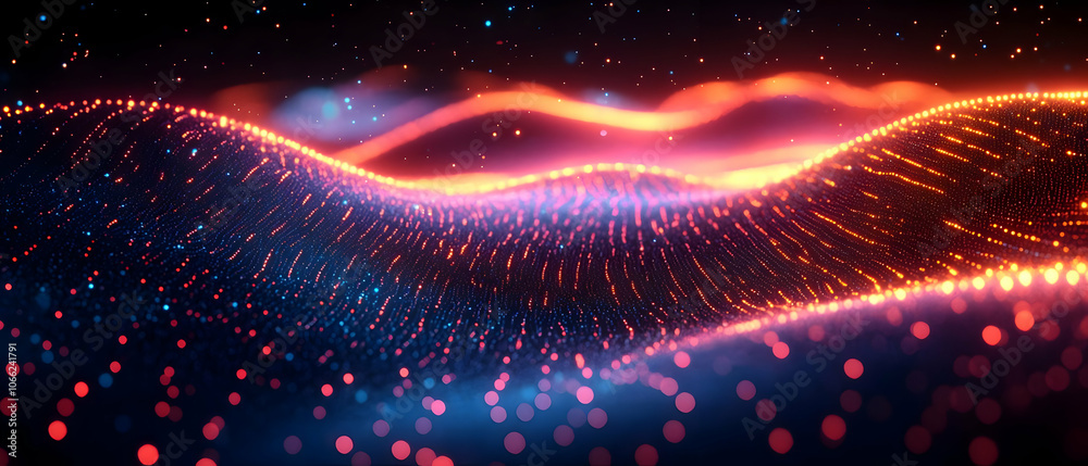 Poster abstract wave of glowing lights with vibrant colors creating a dynamic visual effect.