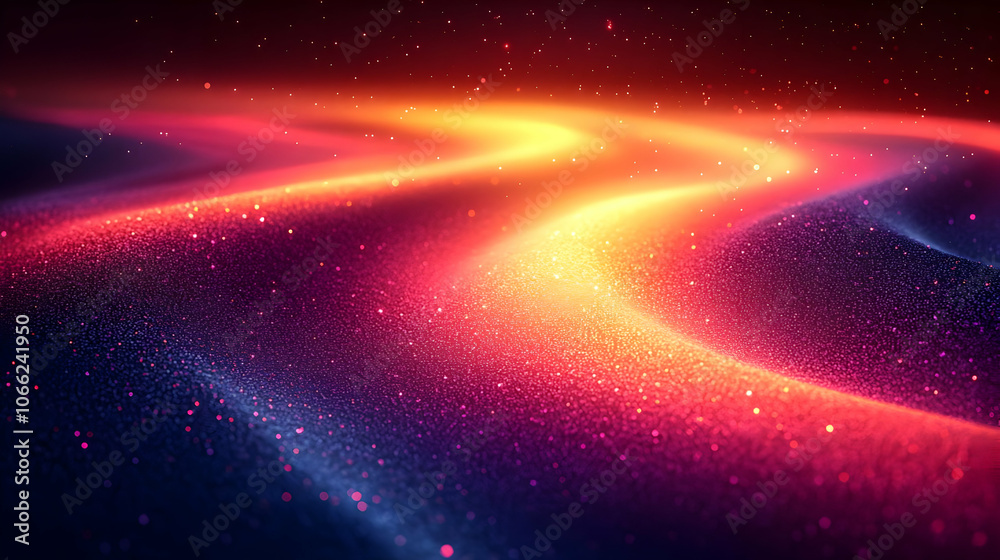 Poster abstract colorful wave pattern with glowing effects on a dark background, creating a sense of depth 