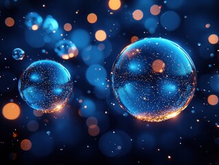 Floating Glass Spheres with Golden Sparkle on Blue Background