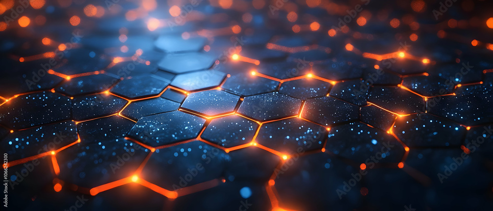 Poster abstract graphic background featuring hexagon patterns illuminated with glowing orange lights on a d