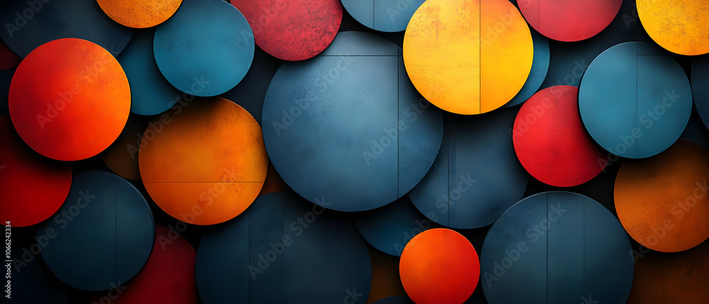 Poster colorful abstract circles on a dark background, creating a vibrant and dynamic visual effect.