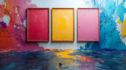 Colorful abstract artwork with three empty frames on an artistically painted wall.