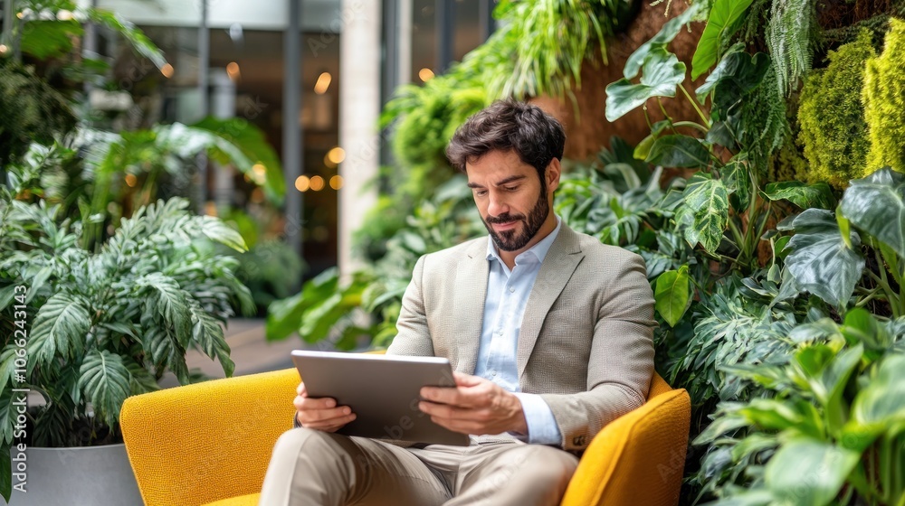 Poster Man in a Suit Using a Tablet in a Green Indoor Setting