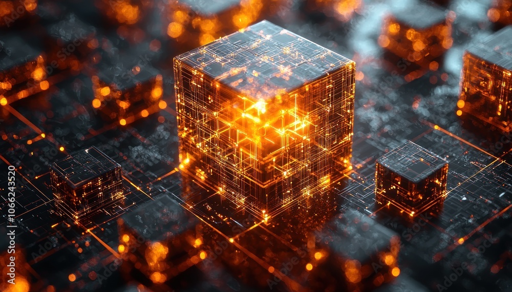Poster Glowing Cube With Intricate Network Lines and Blurry Bokeh Lights