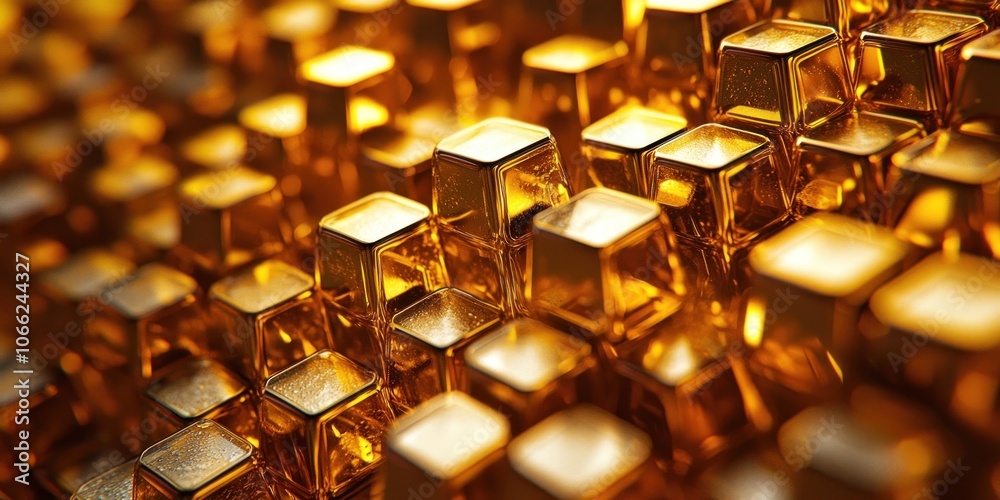Poster close-up of a golden geometric pattern composed of shiny cubes