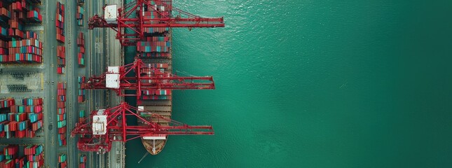 Aerial view of red cargo cranes unloading containers at a vibrant turquoise harbor.