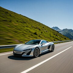 Obraz premium Silver Sports Car Driving on a Mountain Road