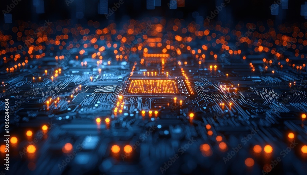 Poster Glowing Circuit Board with Central Processor