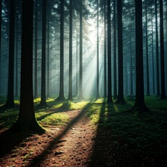 Fototapeta premium mystical sunbeams illuminating path through dark foggy forest