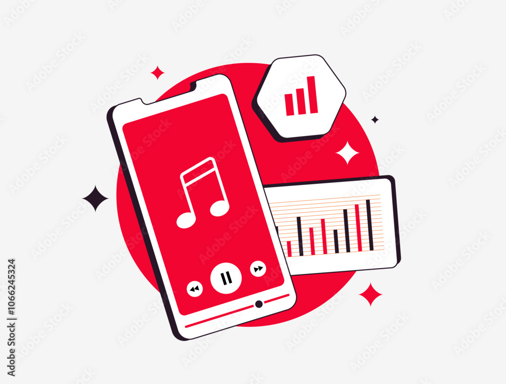 Poster music data analytics illustration showing trends in streaming, user insights and performance metrics