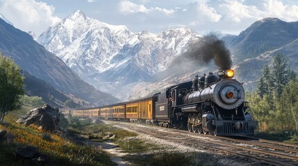 Fototapeta premium Steam Locomotive Train Traveling Through Majestic Mountain Range