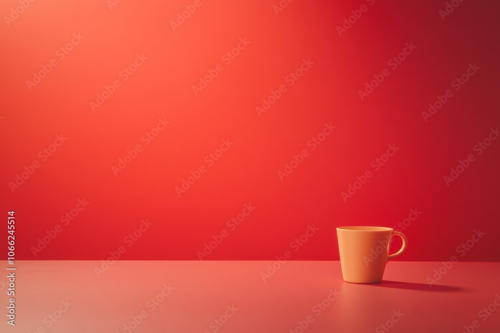 Poster Minimalist Red Tabletop Display with Yellow Cup Against Bokeh Background