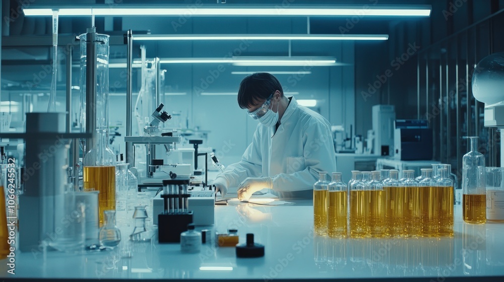 Aufkleber a scientist in a lab coat working with chemicals in a laboratory