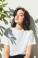Fototapeta premium Stylish Woman in Blank T-Shirt with Empty Screen, Leaning Forward in Natural Setting with Soft Sunlight
