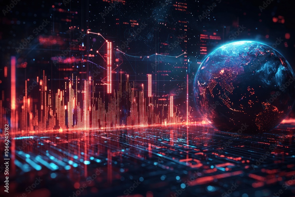 Poster Digital Earth with Red and Blue Data Visualization