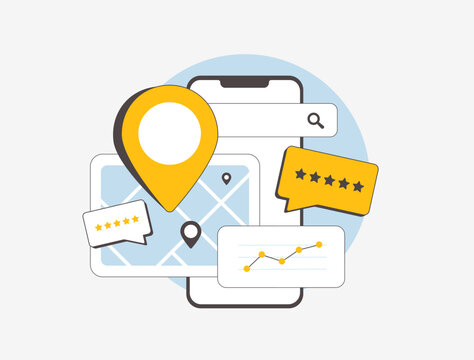 Local SEO for small businesses, featuring maps with huge pins, star ratings and customer reviews to boost visibility. Local seo marketing attract nearby customers and enhancing local search rankings