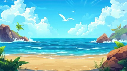 A Vibrant Tropical Beach Landscape with Foamy Waves and Palm Trees
