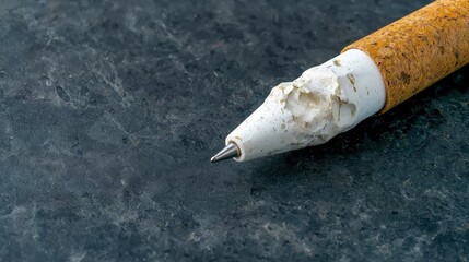 Close up of Worn Out White Pen on Dark Surface