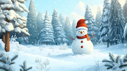 Obraz premium A Cheerful Snowman Stands in a Snowy Forest