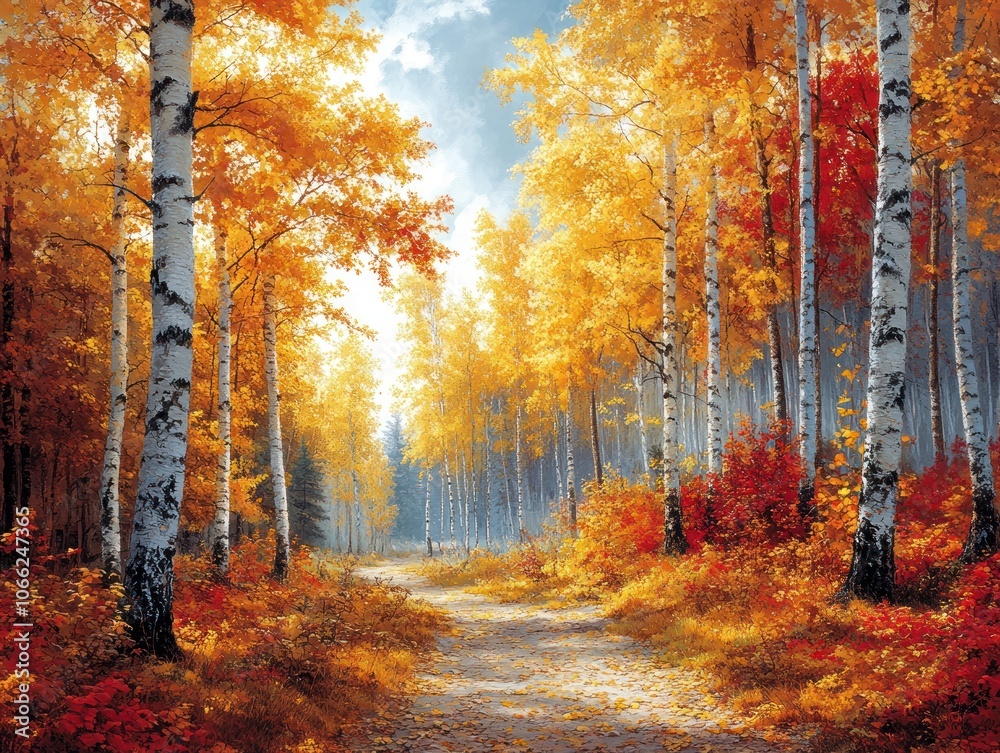 Poster a path through a vibrant autumn forest with white birch trees