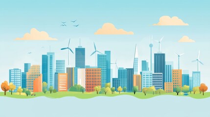 Naklejka premium Cityscape with wind turbines and trees. Vector illustration in flat style.