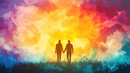Fototapeta premium Silhouette of man and woman holding hands on sunset sky background.