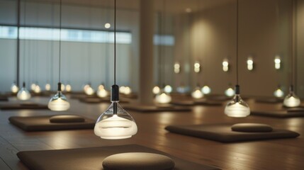 A dimmable light fixture hangs from the ceiling allowing visitors to adjust the lighting to their preference for a more personalized meditation experience.