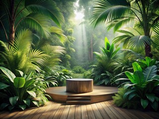 Fototapeta premium 3D Render of a Wooden Podium Surrounded by Lush Tropical Forest for Product Presentation with Green Backdrop - Architectural Photography, Nature, Presentation, Eco-Friendly Design