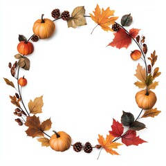 Obraz premium Autumn wreath featuring colorful leaves and pumpkins, white isolated background.